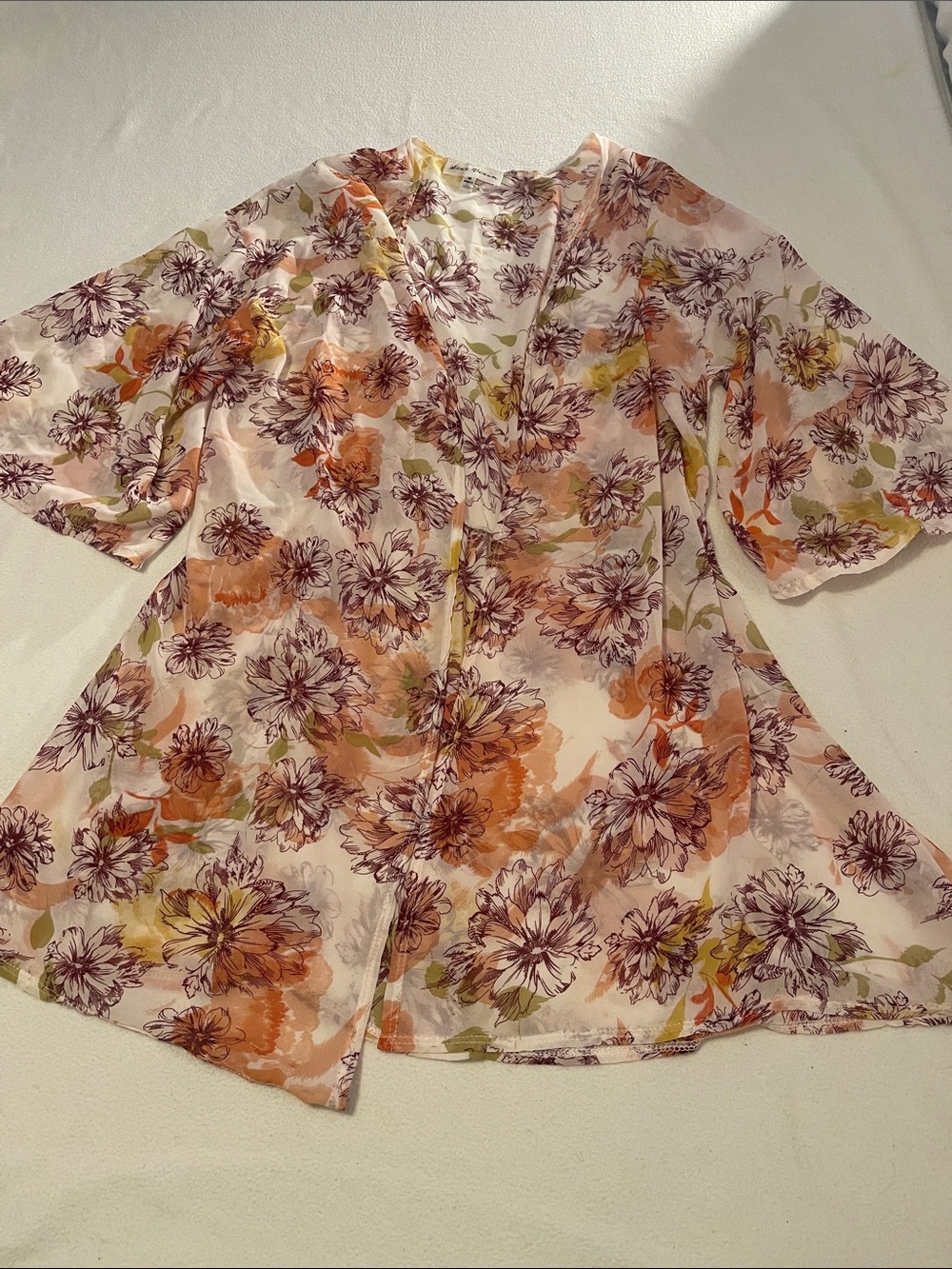 Star Vixen Floral V-Neck Sheer Kimono Tunic - Pink, Orange & Green